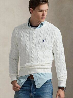 POLO RALPH LAUREN Men's XXL Preppy Classic Cable Knit Crewneck Cotton Sweater